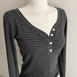 Striped V-Button Long Sleeve Tee Autumn New Arrival