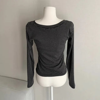 Striped V-Button Long Sleeve Tee Autumn New Arrival