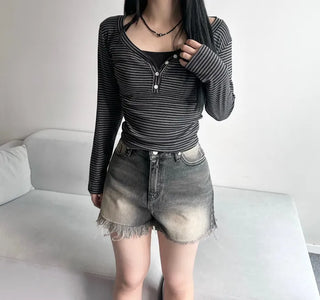 Striped V-Button Long Sleeve Tee Autumn New Arrival