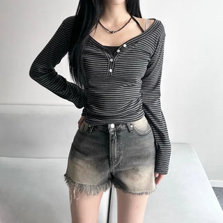 Striped V-Button Long Sleeve Tee Autumn New Arrival