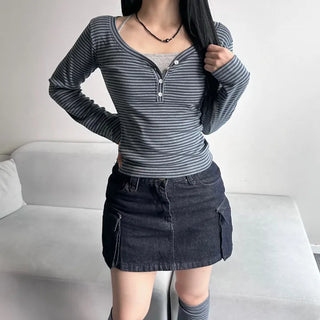 Striped V-Button Long Sleeve Tee Autumn New Arrival