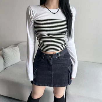 Color-block Stripe Long Sleeve Tee Striped Daily Basic