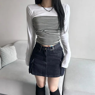 Color-block Stripe Long Sleeve Tee Striped Daily Basic