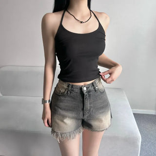 Cat Sanding Vintage Wash Denim Frill Pants Calfshorts