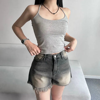 Cat Sanding Vintage Wash Denim Frill Pants Calfshorts