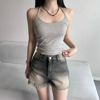 Cat Sanding Vintage Wash Denim Frill Pants Calfshorts