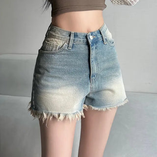Cat Sanding Vintage Wash Denim Frill Pants Calfshorts
