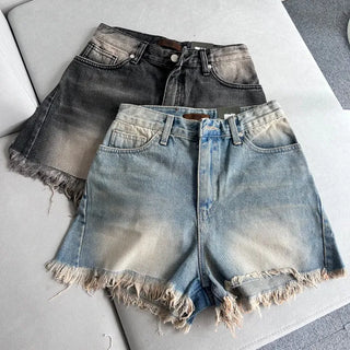 Cat Sanding Vintage Wash Denim Frill Pants Calfshorts