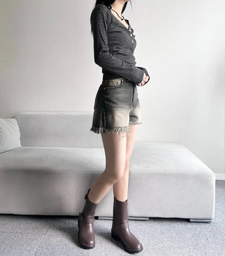 Cat Sanding Vintage Wash Denim Frill Pants Calfshorts