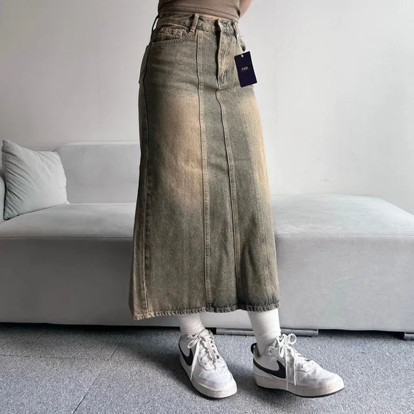 Washed Back Slit Vintage Cutout Long Denim Skirt