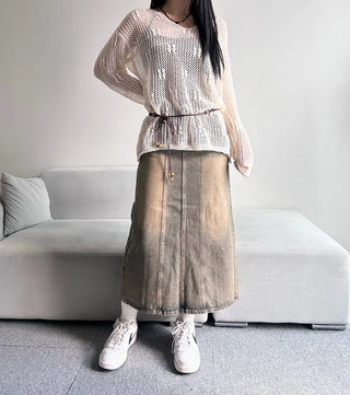 Washed Back Slit Vintage Cutout Long Denim Skirt