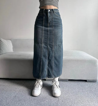 Washed Back Slit Vintage Cutout Long Denim Skirt