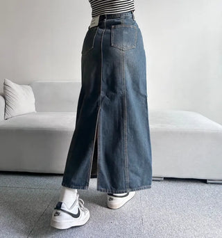 Washed Back Slit Vintage Cutout Long Denim Skirt
