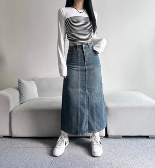 Washed Back Slit Vintage Cutout Long Denim Skirt