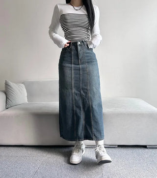 Washed Back Slit Vintage Cutout Long Denim Skirt