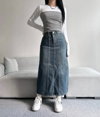 Washed Back Slit Vintage Cutout Long Denim Skirt