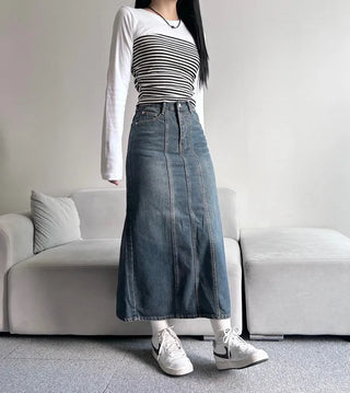 Washed Back Slit Vintage Cutout Long Denim Skirt