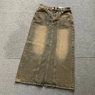 Washed Back Slit Vintage Cutout Long Denim Skirt
