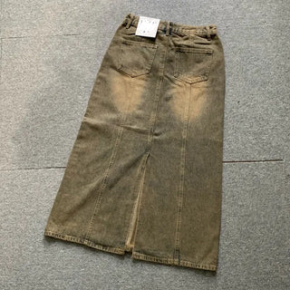 Washed Back Slit Vintage Cutout Long Denim Skirt