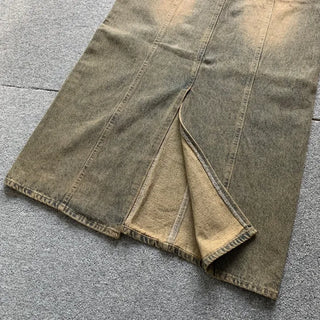 Washed Back Slit Vintage Cutout Long Denim Skirt