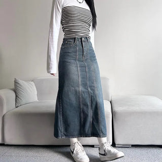 Washed Back Slit Vintage Cutout Long Denim Skirt
