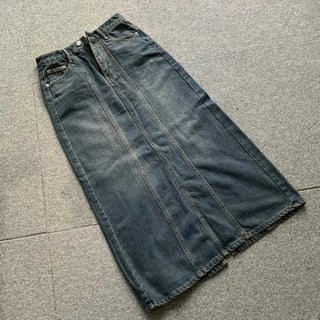 Washed Back Slit Vintage Cutout Long Denim Skirt