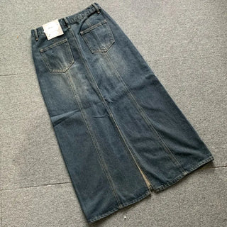 Washed Back Slit Vintage Cutout Long Denim Skirt