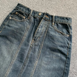 Washed Back Slit Vintage Cutout Long Denim Skirt