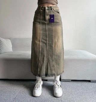 Washed Back Slit Vintage Cutout Long Denim Skirt