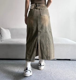Washed Back Slit Vintage Cutout Long Denim Skirt