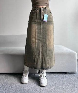 Washed Back Slit Vintage Cutout Long Denim Skirt