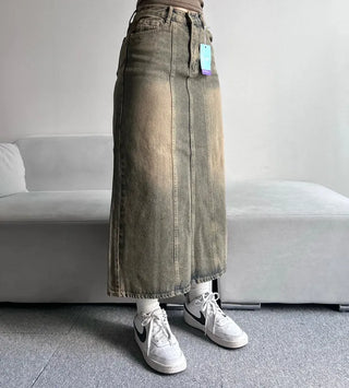 Washed Back Slit Vintage Cutout Long Denim Skirt