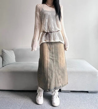 Washed Back Slit Vintage Cutout Long Denim Skirt