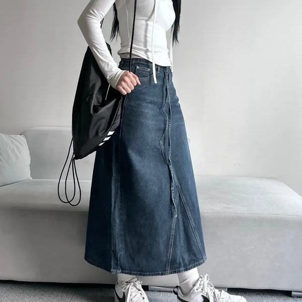 Daily Long Denim Skirt Blue Basic Belt Set
