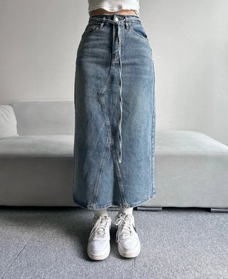 Daily Long Denim Skirt Blue Basic Belt Set
