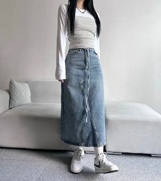 Daily Long Denim Skirt Blue Basic Belt Set