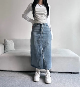 Daily Long Denim Skirt Blue Basic Belt Set