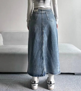 Daily Long Denim Skirt Blue Basic Belt Set