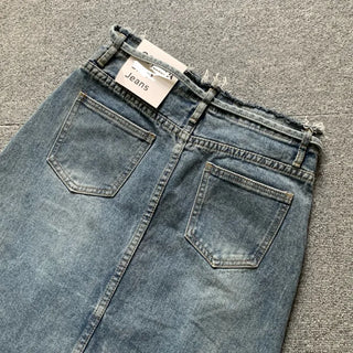 Daily Long Denim Skirt Blue Basic Belt Set