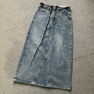 Daily Long Denim Skirt Blue Basic Belt Set