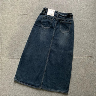 Daily Long Denim Skirt Blue Basic Belt Set