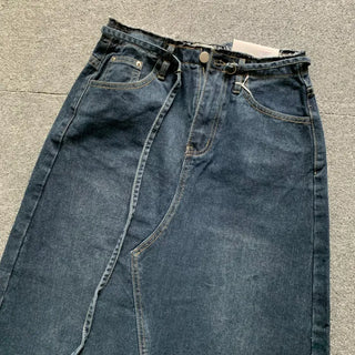 Daily Long Denim Skirt Blue Basic Belt Set