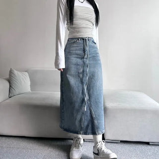 Daily Long Denim Skirt Blue Basic Belt Set