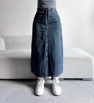Daily Long Denim Skirt Blue Basic Belt Set