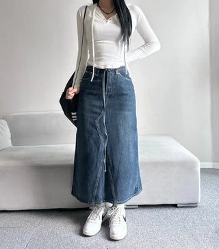 Daily Long Denim Skirt Blue Basic Belt Set