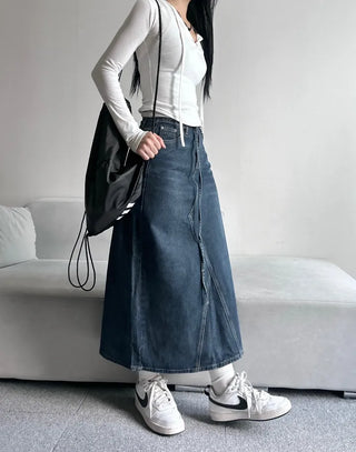 Daily Long Denim Skirt Blue Basic Belt Set