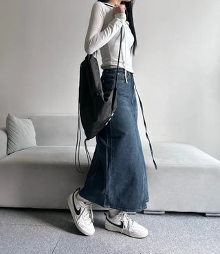 Daily Long Denim Skirt Blue Basic Belt Set