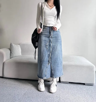 Daily Long Denim Skirt Blue Basic Belt Set