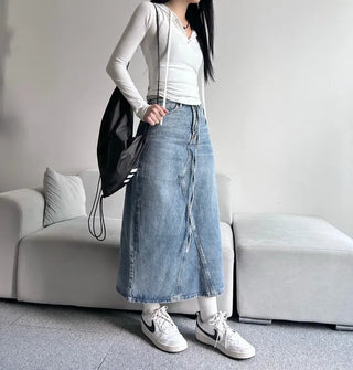 Daily Long Denim Skirt Blue Basic Belt Set