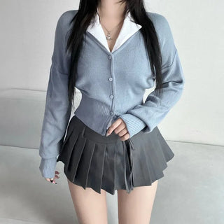 Waist-cinching V-neck Button Knit Cardigan Transitional Season Look